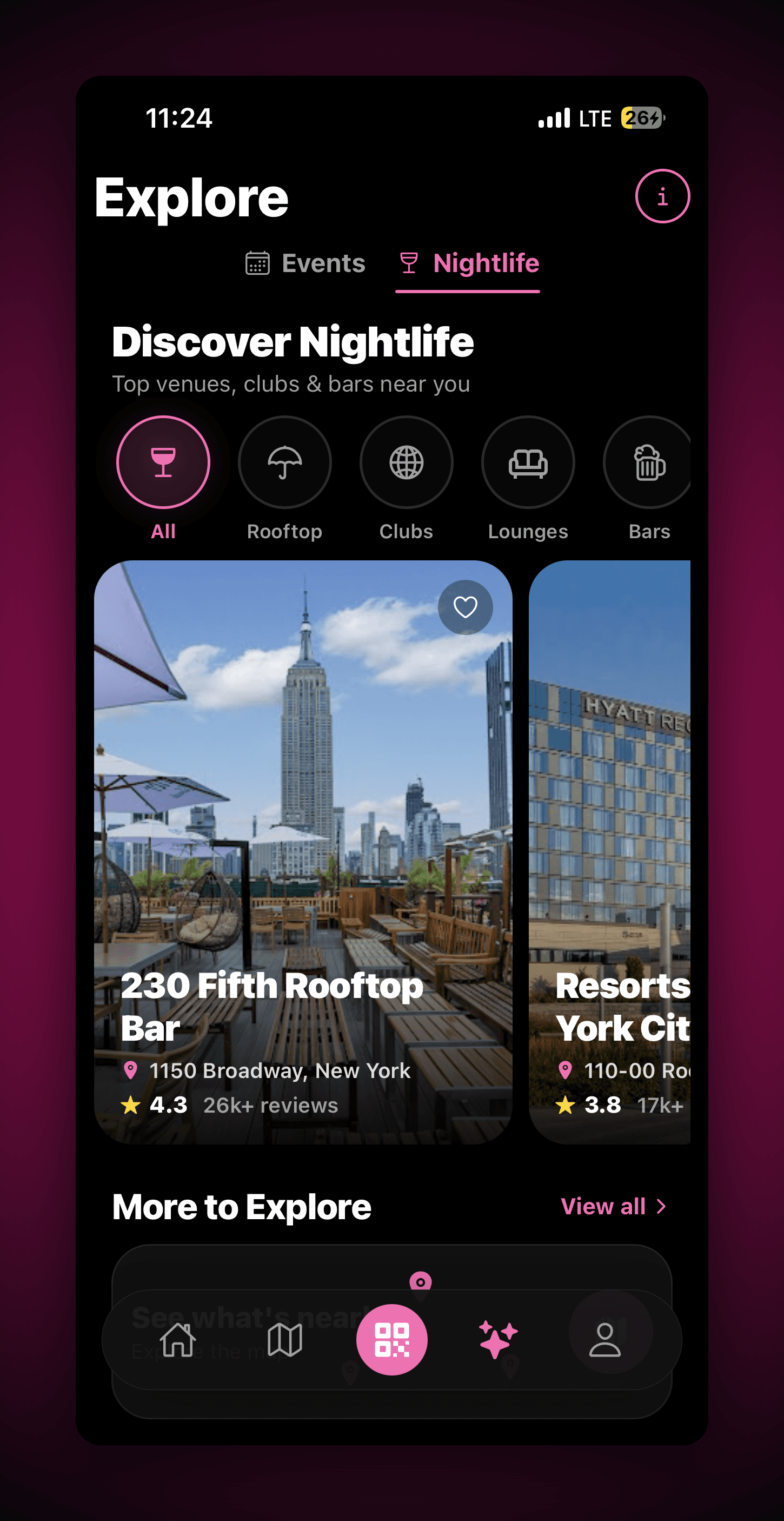 The Swiv app's Explore screen, browsing nearby nightlife by category