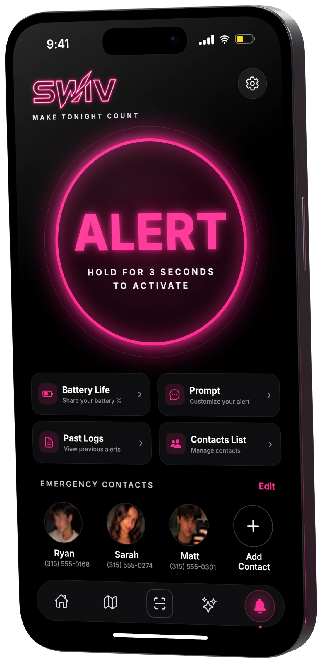 Swiv's SOS screen with a glowing Alert button and the emergency contacts it would text