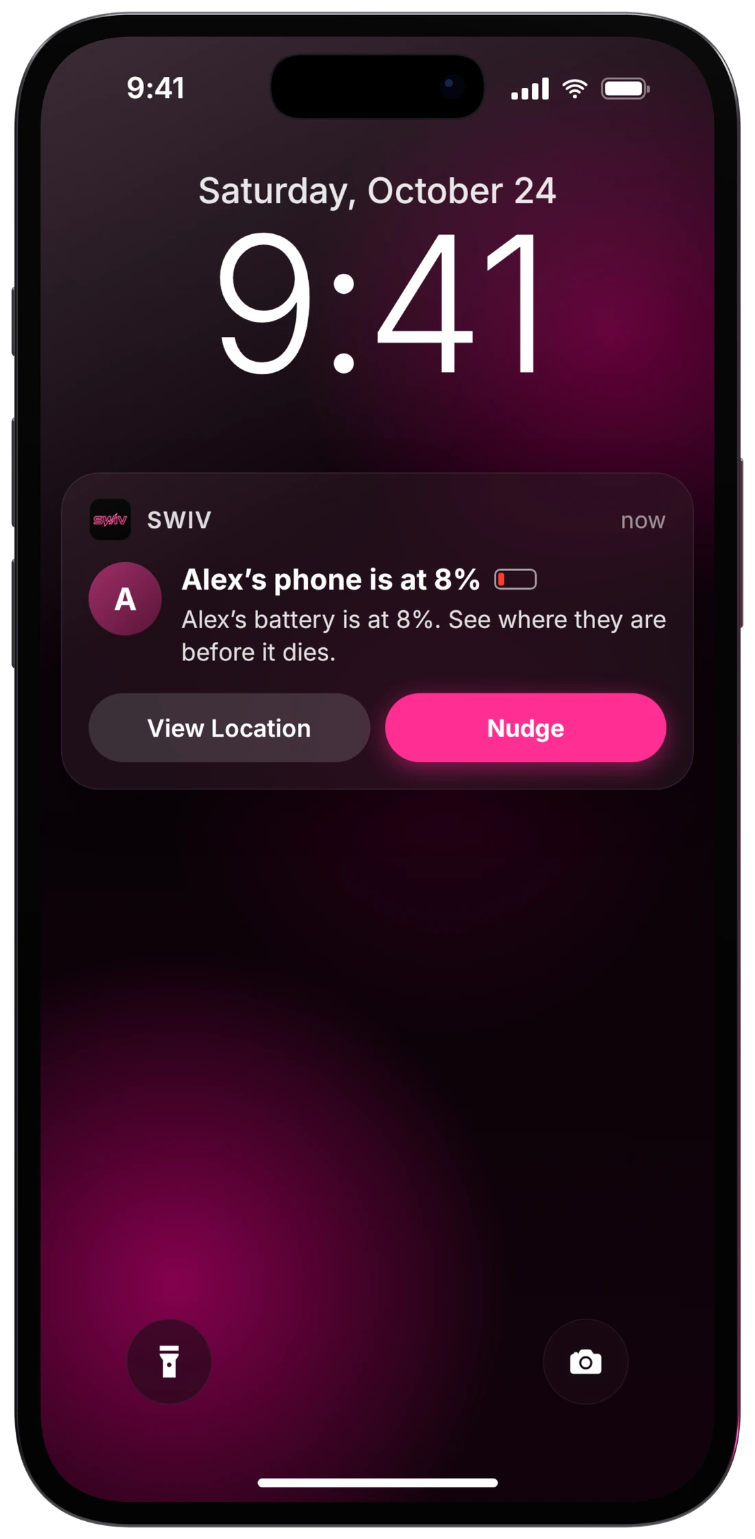 A phone showing a Swiv notification that a friend's battery is at 8 percent, with buttons to see where they are or nudge them