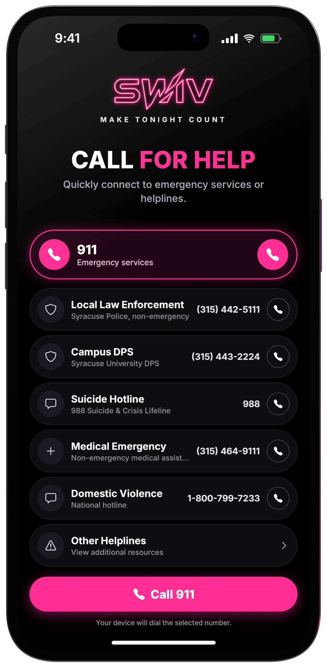 Swiv's call-for-help screen listing 911, local police, campus security, the 988 crisis line and other helplines
