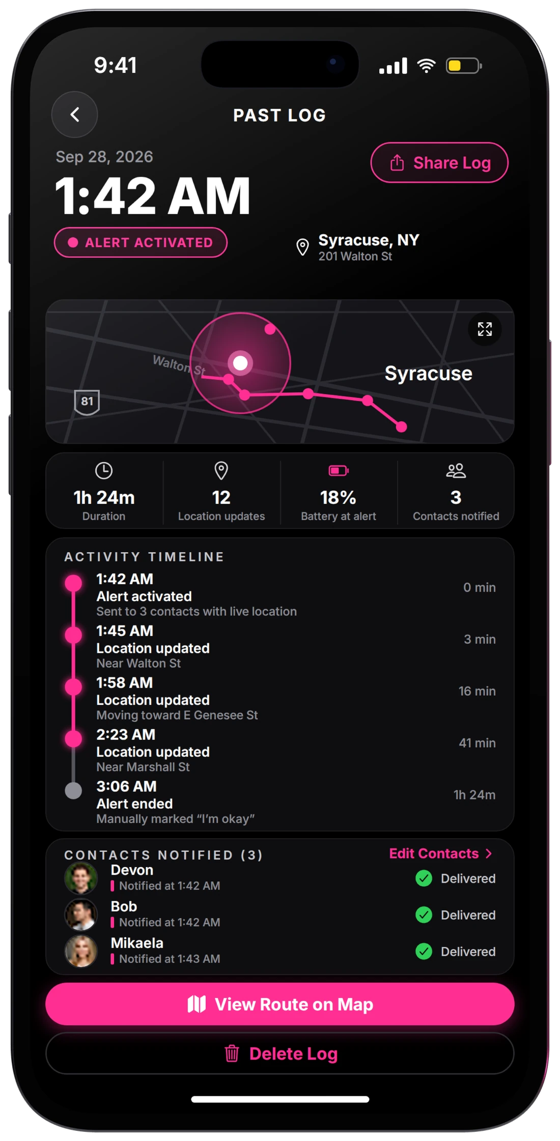 Swiv's past logs screen listing previous alerts with times, locations and who was notified