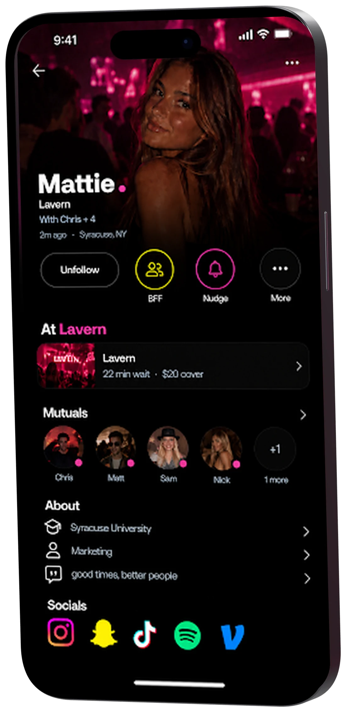 Mattie's Swiv profile — at Lavern with Chris and four others, with Unfollow, BFF and Nudge buttons