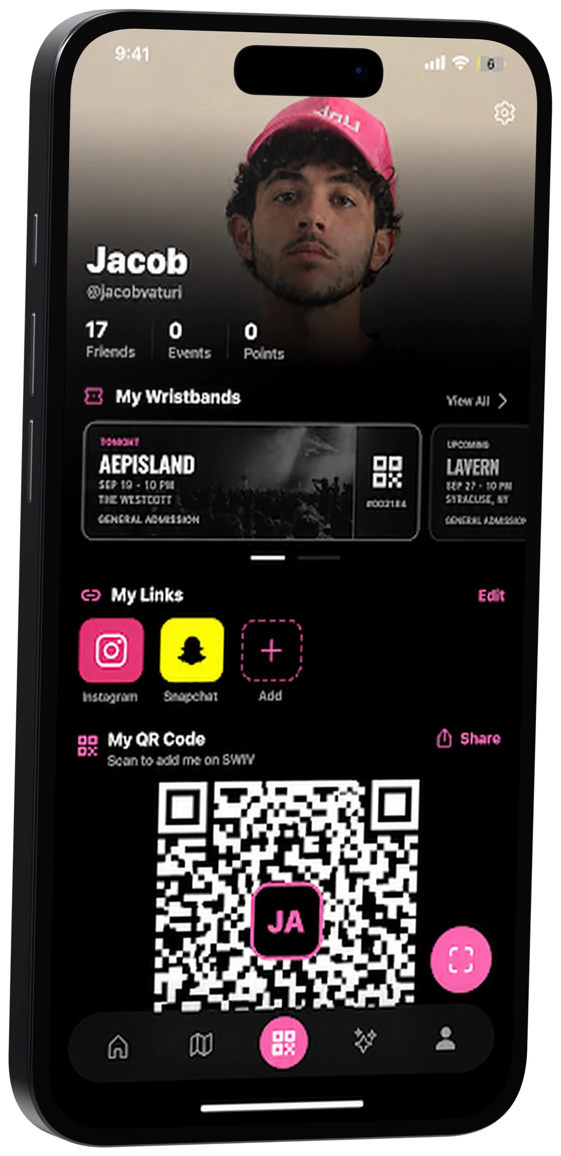 A Swiv profile showing digital wristbands for upcoming events and a personal QR code for adding friends
