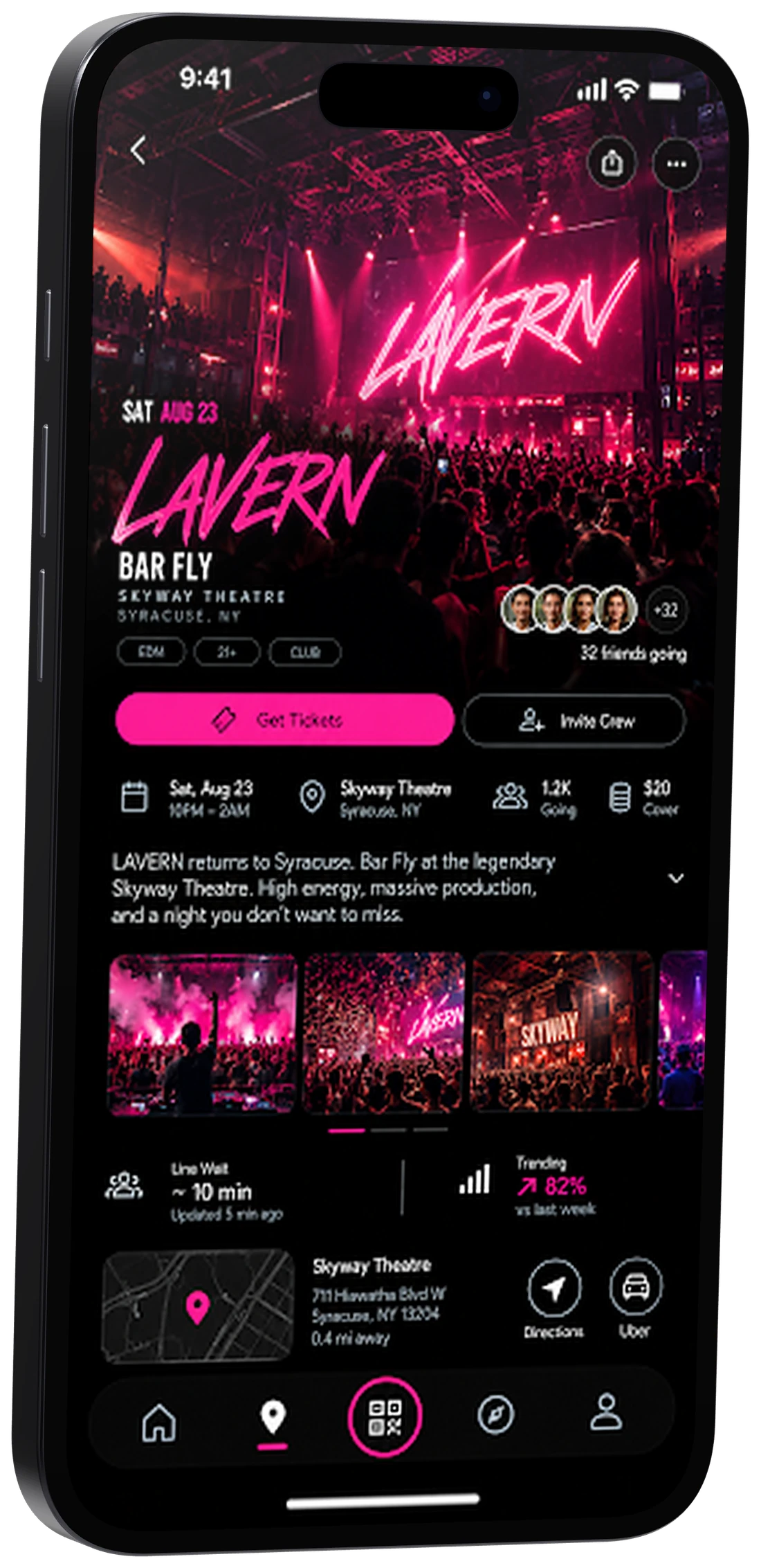 A Swiv event page for Lavern at Skyway Theatre showing who's going, the cover charge and the current line wait